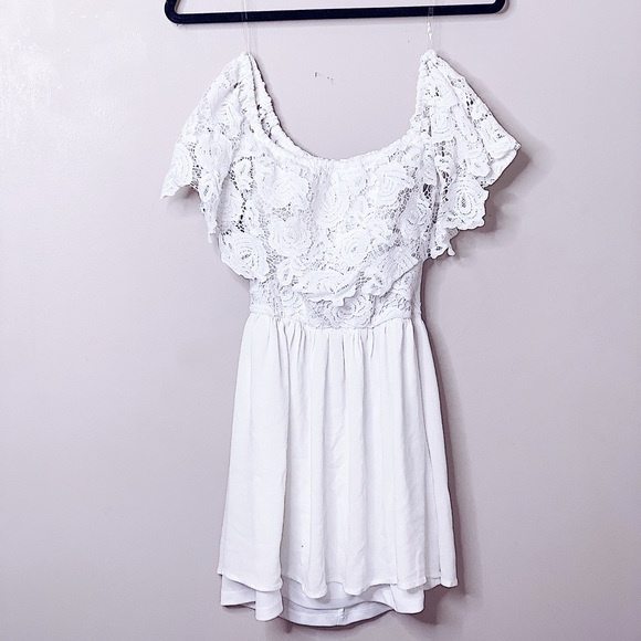 Off the Shoulder Lace White Mini Dress - Picture 1 of 4